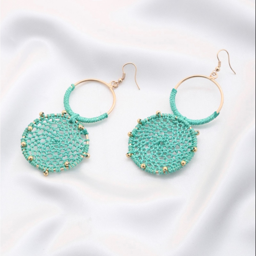 NWT Double Circle Beaded Thread Earrings - TEAL